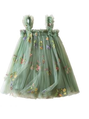 Green Tulle Floral Embroidered Girls Dress